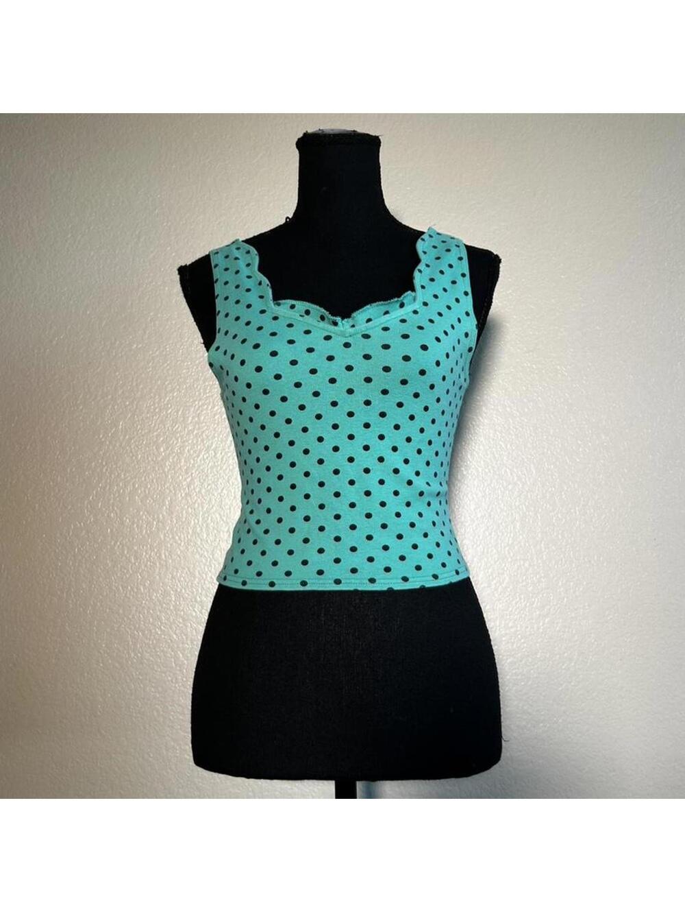 Y2K Vintage Jazzie Polka Dot Tank Top Coquette Fitted Scallop Trim Girly Top
